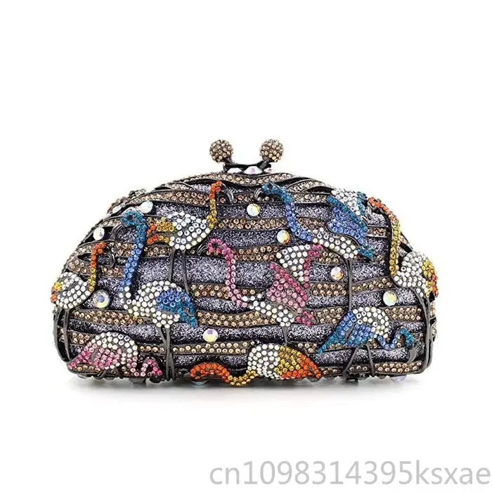 Pochette de soirée élégante bleu lac avec embellissement en strass cristal flamant rose pour sac de fête ou de mariage