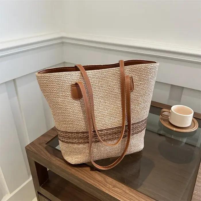 Sac à bandoulière grande capacité pour femme, sac à main en paille tressée d'été, sac de plage de lu