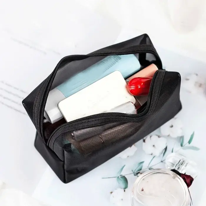 Trousse de maquillage en maille noire pour femme