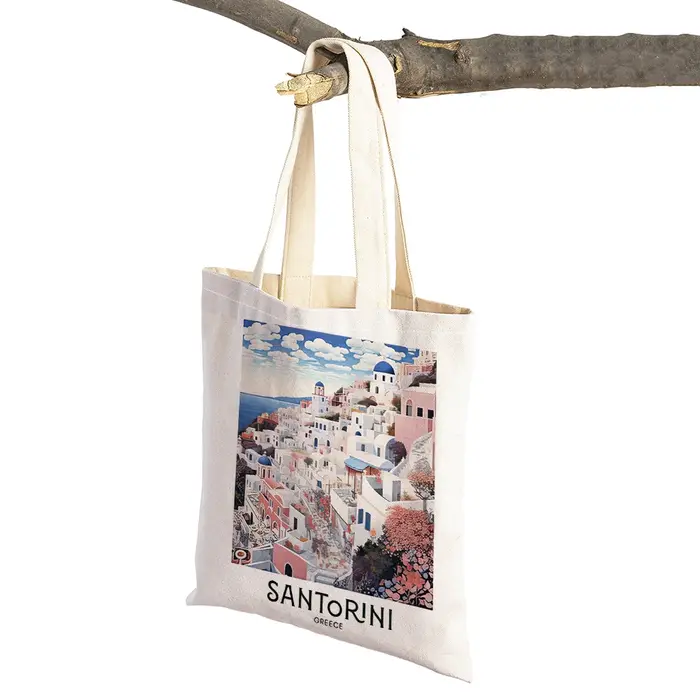 Sac de shopping Vintage paysage citron Prague Londres Santorin femmes sacs à provisions Double impression