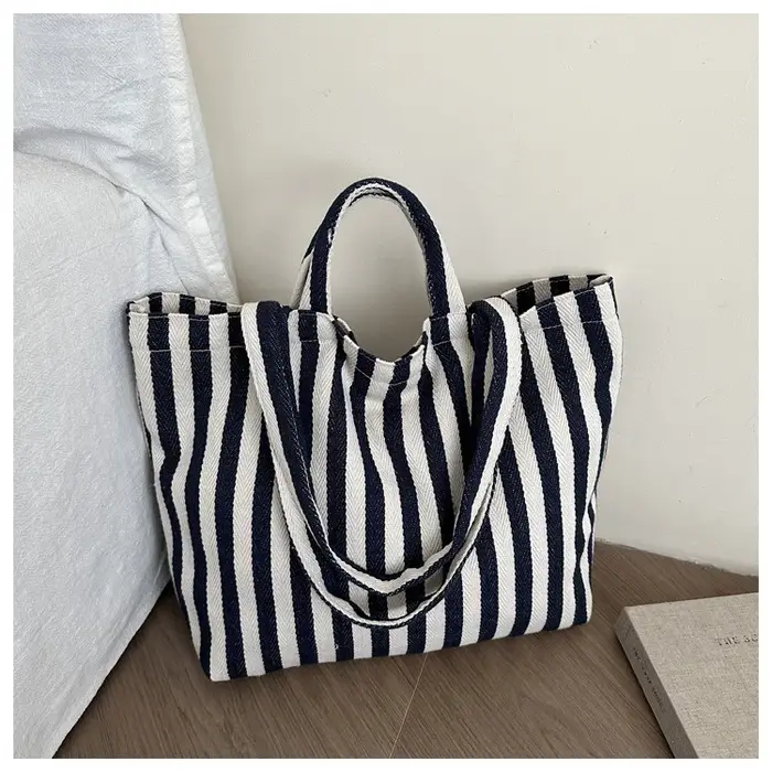 Sac fourre-tout en toile rayée coréenne 2026, design rétro littéraire, grande capacité, sac de shopp