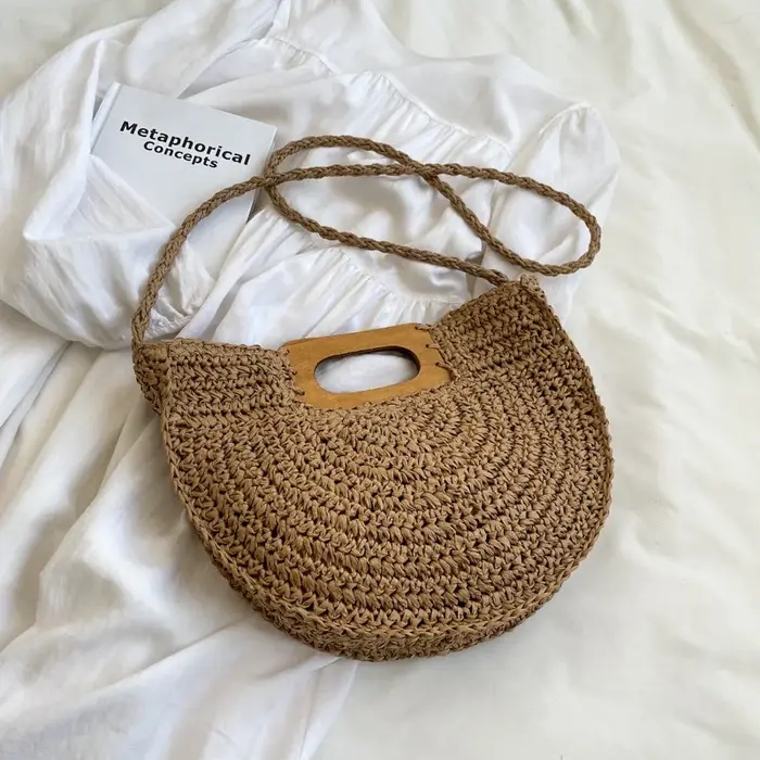 Sac de paille minimaliste pour femmes, sacs à main d'été demi-lune de plage en rotin, sacs à poignée