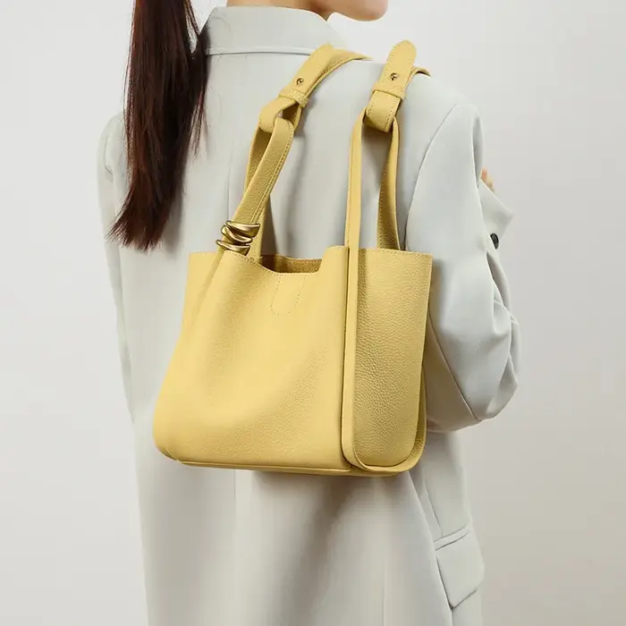 Sac à Main en Cuir de Vache Jaune pour Femme, Fourre-Tout de Marque de Styliste, Luxueux, à la Mode, pour Printemps et Été, E27