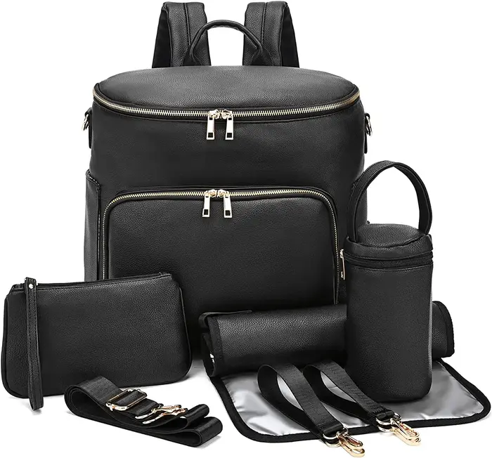 Sac à dos à langer en cuir pour femme, sac à dos de voyage pour bébé, grande capacité avec sangles d