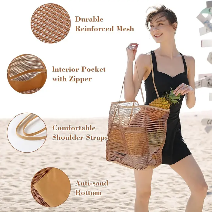 Sac fourre-tout de plage de grande capacité pour femmes – Sac à bandoulière tissé en polyester durable avec dessus