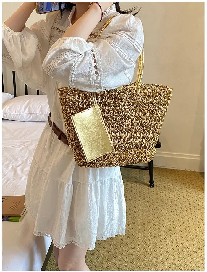 Sac fourre-tout en paille crocheté à la main