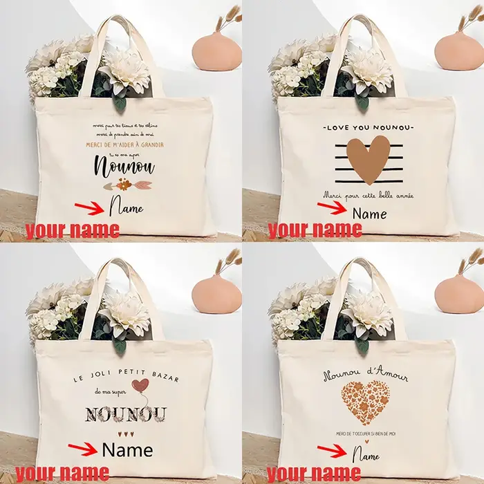 Merci Nounou nom personnalisé sac à main fourre-tout organisateur sacs à provisions réutilisables rangement de voyage