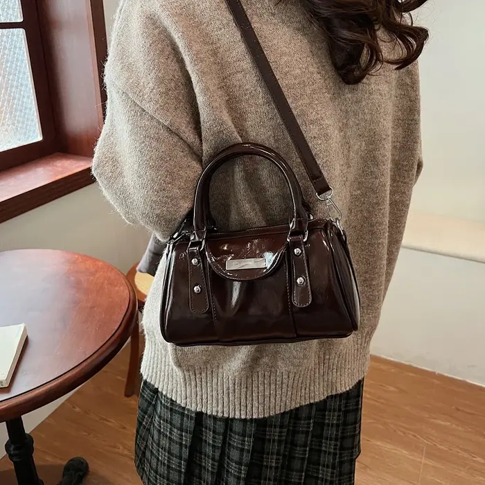 Mini sacs à poignée supérieure pour femmes huile brillante en cuir PU couleur Pure épaule