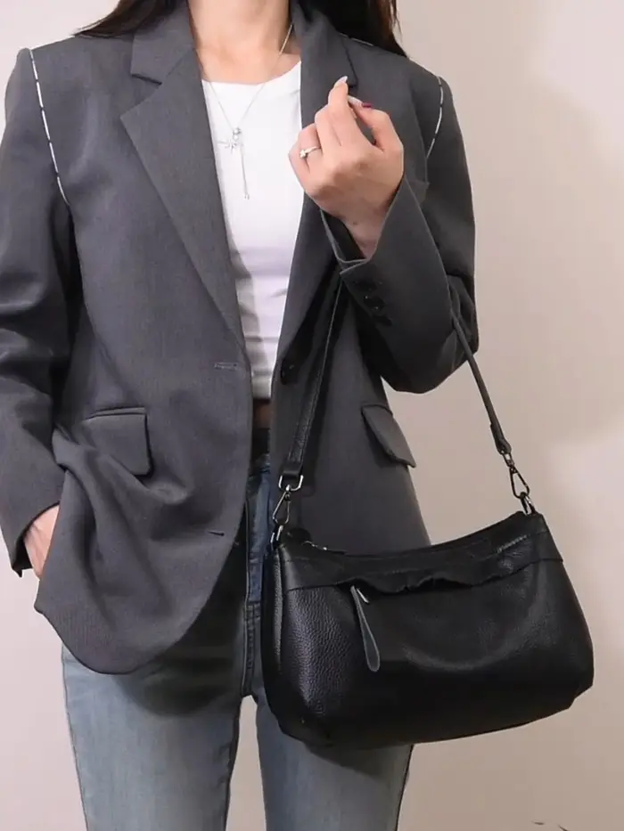 Sac à bandoulière en cuir véritable noir pour femme