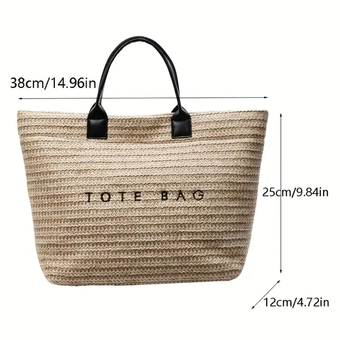Sac fourre-tout en paille avec lettres brodées de grande capacité pour femmes