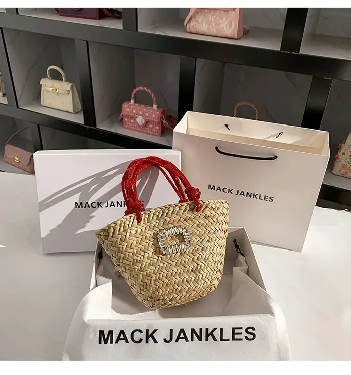 Sac à Main en Paille Tissée à la Main avec Strass Brillants pour Femme