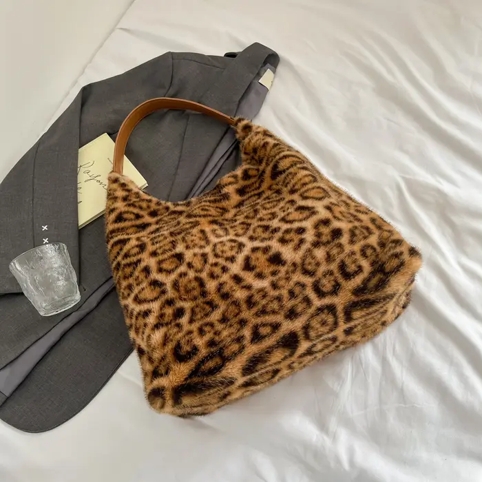 Sac à bandoulière en peluche imprimé léopard pour femmes, sac à main de luxe en fausse fourrure, Tex