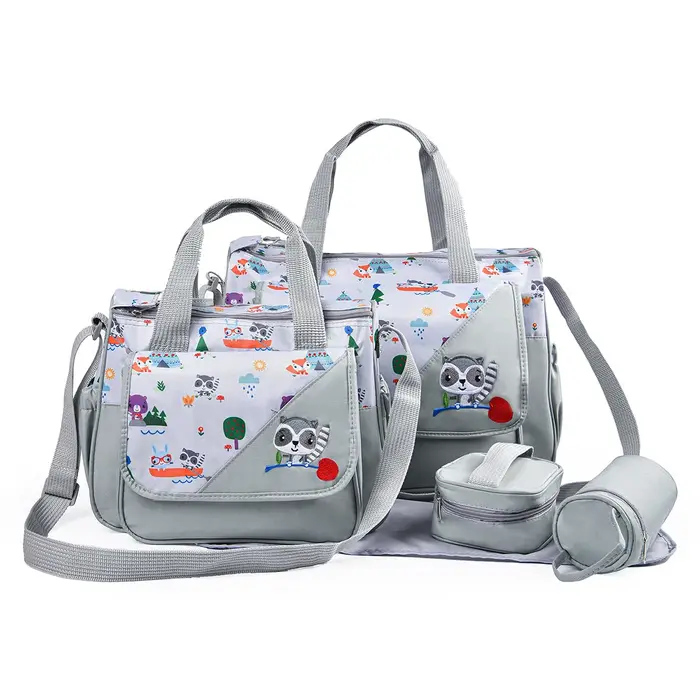 Ensemble de cinq pièces de sac de maman à une épaule à motif de dessin animé imprimé à la mode ; Sac