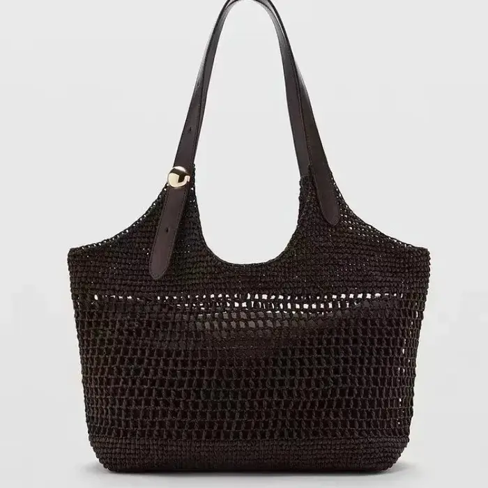 Sac à main décontracté pour femme, nouveau modèle, tissé à la main, grande capacité, en paille ajourée, sac fourre-tout de voyage et de loisirs, souple et carré