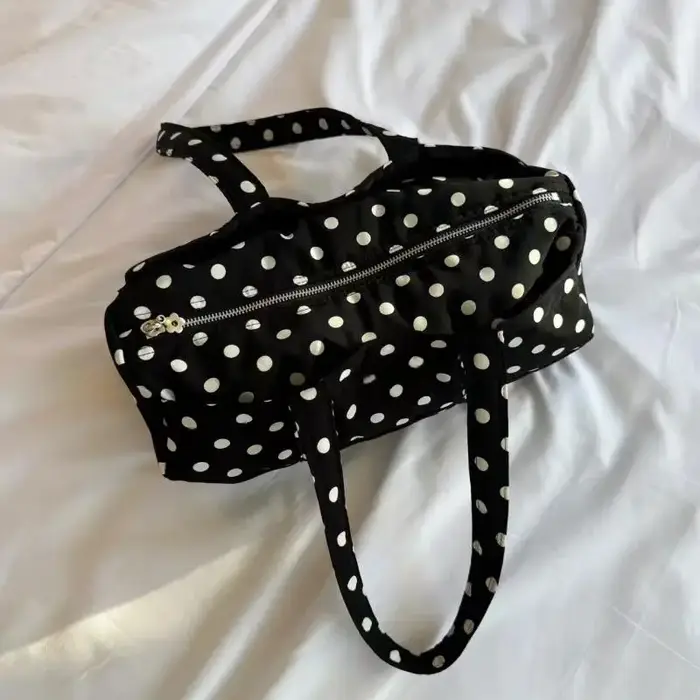 Sac polyvalent de style coréen pour femme ; Sac à main de voyage décontracté à pois en nylon noir et blanc de grande capacité
