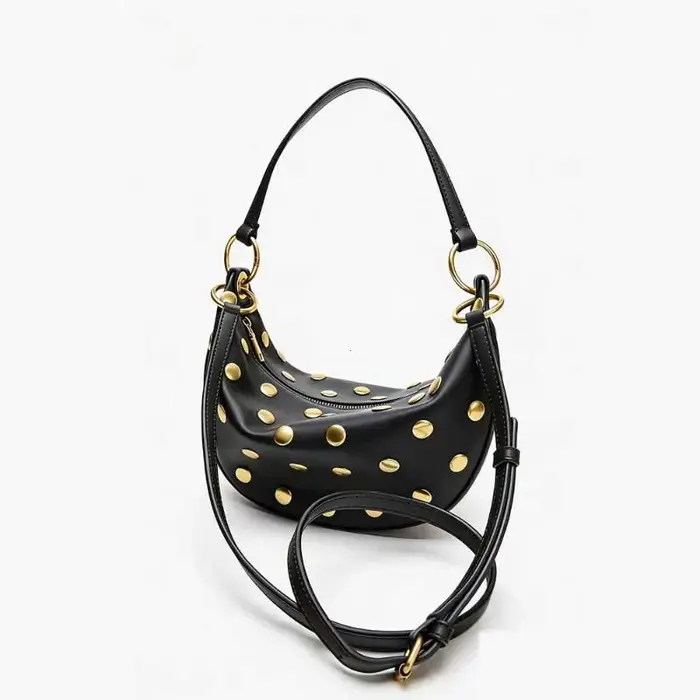 Sac Hobo Vintage en Cuir PU Marron avec Clous Dorés Décoratifs, Sac à Main Rétro Multi-Usages à Band
