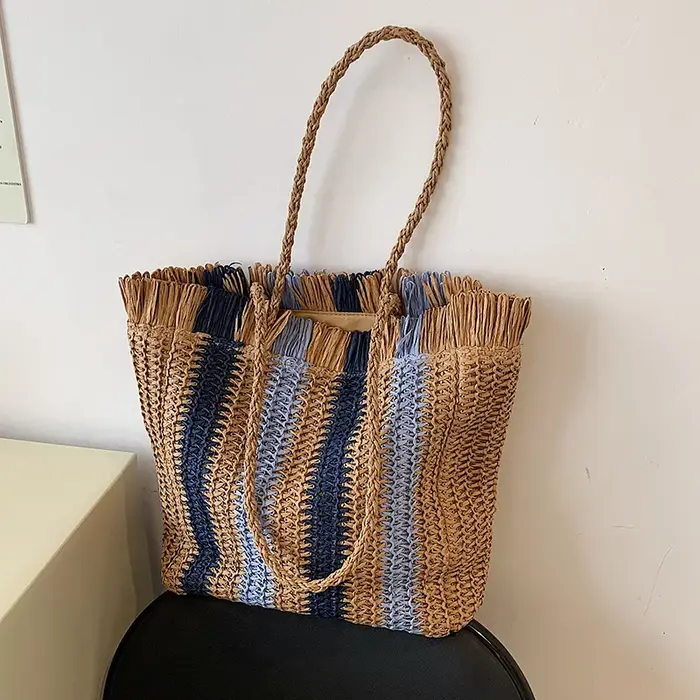 Sac à main en paille rayé pour femmes, sacoche à bandoulière de grande capacité, fourre-tout décontr