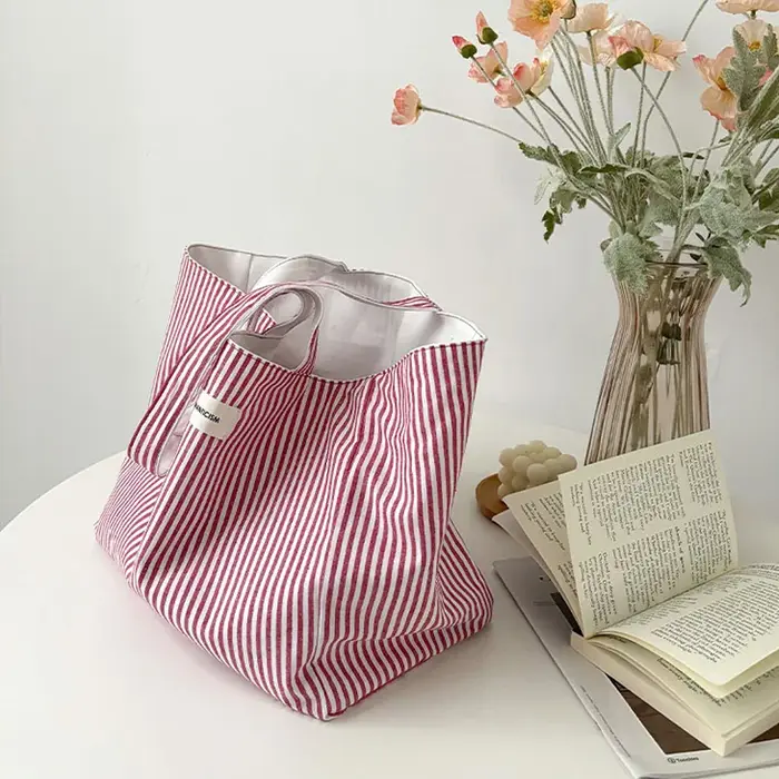 Sac à bandoulière en toile pour femmes, Design réversible, sac à main en tissu de coton, sac à main à rayures rouges cerise, grand fourre-tout, sacs de Shopping écologiques