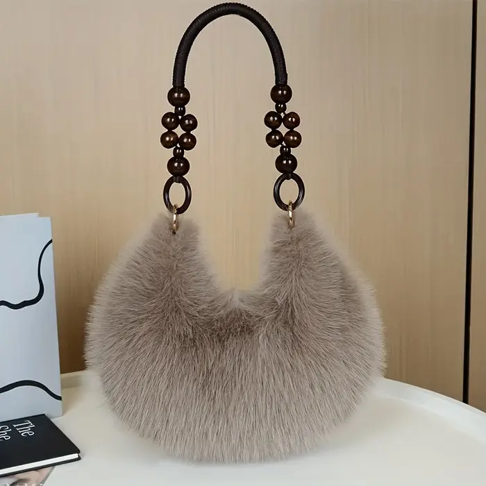 Faux sac à main pour femme, sac fourre-tout en peluche avec sangle accentuée de perles, sacs à main 