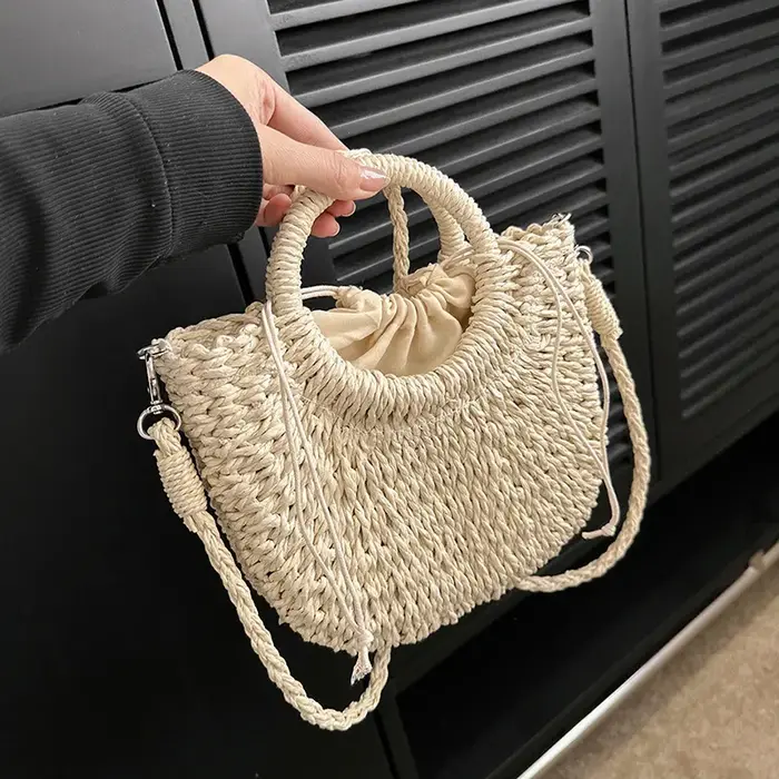 Nouveau Sac de Plage Demi-Lune en Paille et Rotin Tressé à la Main pour Femme