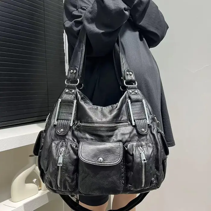 Sac de moto Y2K pour femmes, sac à bandoulière multi-poches à motif de vieille litchi