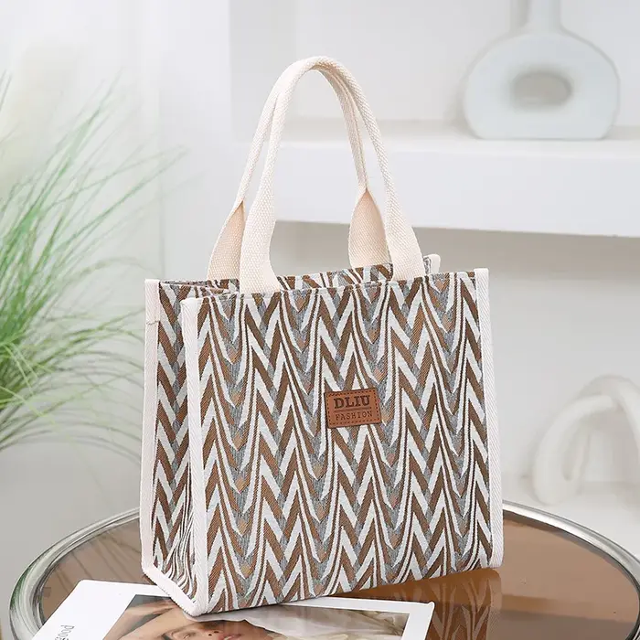 Sac fourre-tout en toile à motif Chevron, sac à main rétro avec décor de patch de lettre, sac de sho