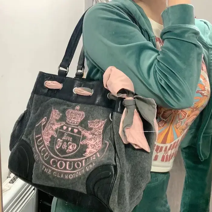 Sac à Main à Poignée Supérieure en Denim Bleu et Rose pour Femme