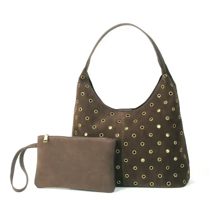 Sac fourre-tout clouté en daim et métal avec portefeuille assorti