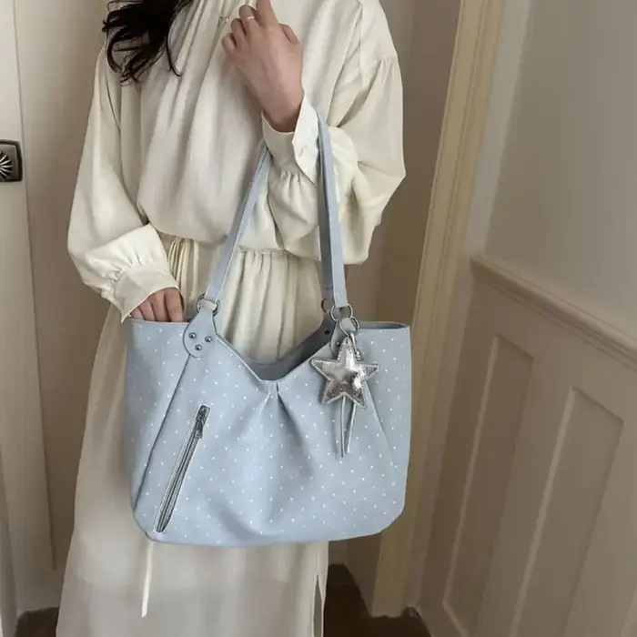 Sac fourre-tout coréen à pois rétro mignon avec fermeture éclair, grande capacité, décontracté, pour le quotidien, nouveau modèle tendance pour femmes, idéal pour le shopping et le travail