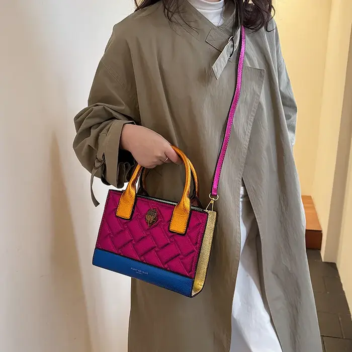 Sac carré matelassé de luxe bicolore – Sac à bandoulière large pour femme, sac à main tendance et ch
