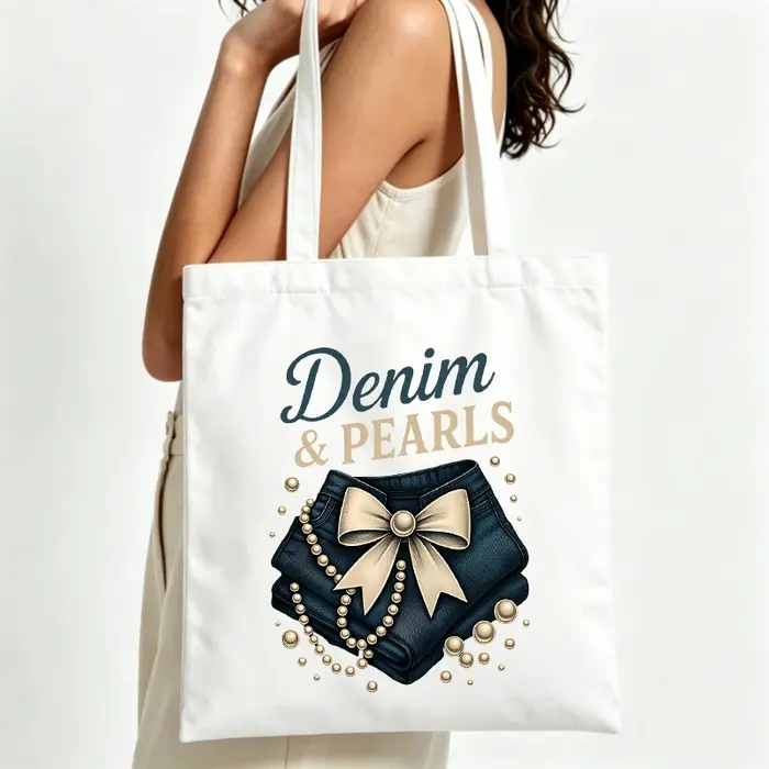 Sac fourre-tout en toile graphique avec denim et perles pour femme, style décontracté pour les cours