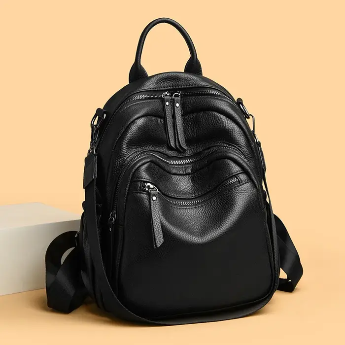 Sac à dos pour femme en cuir véritable, résistant à l'usure, style minimaliste noir, antivol, grande