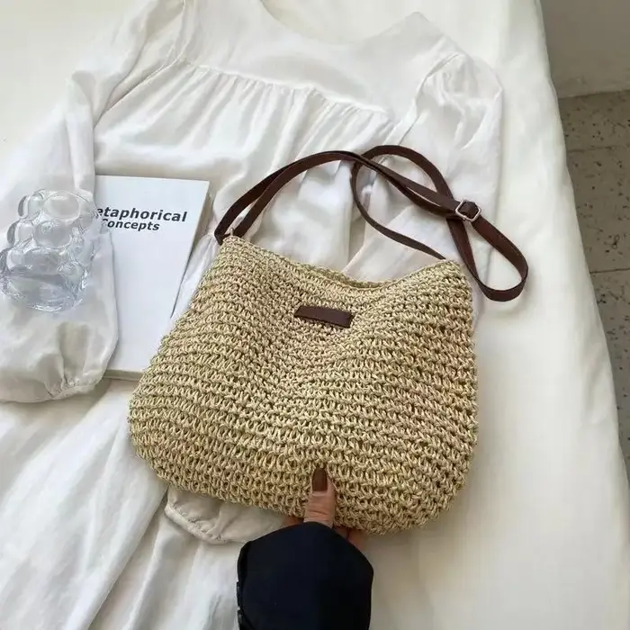 Sac en paille tressé à bandoulière pour femme, sac de plage tendance