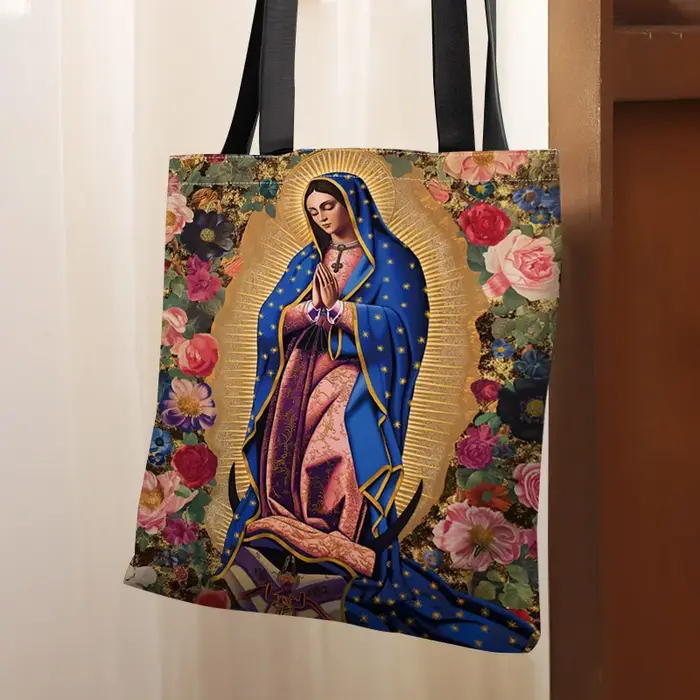 Sac fourre-tout en polyester réutilisable avec motif floral et doré de la Vierge Marie, idéal pour l