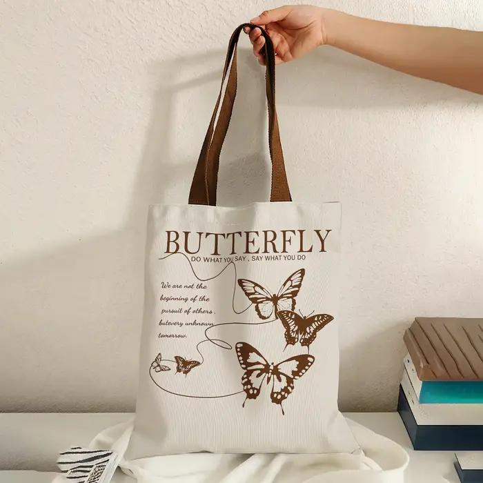 Sac fourre-tout vintage marron avec imprimé papillon et citation, grande capacité, sac à bandoulière