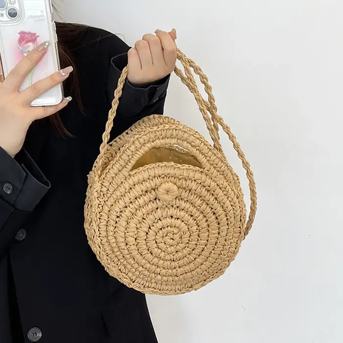 Sac à bandoulière rond en paille tissé à la main pour femmes