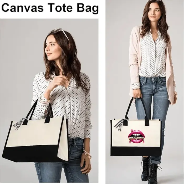 Sac fourre-tout tendance avec lèvres crème et noires