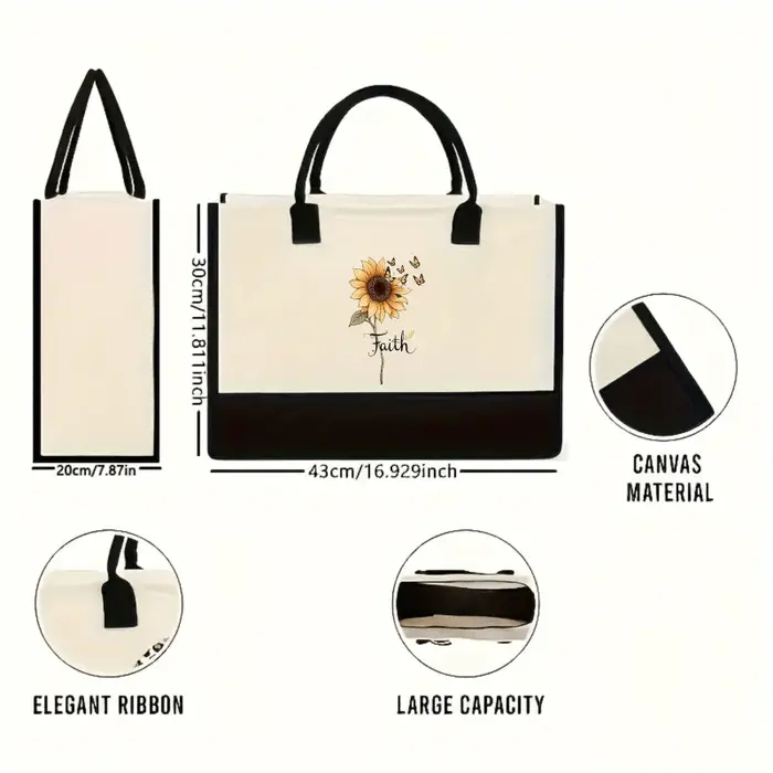 Sac à main en toile de tournesols crème et noirs au design papillon et foi pour un usage quotidien
