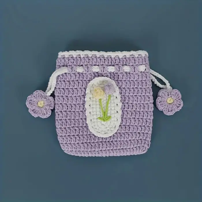 Porte-monnaie tissé à la main avec cordon de serrage de style doux, sac à cordon en laine crochetée,