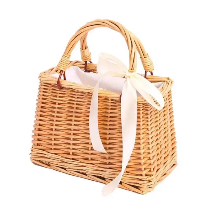 Panier de fleurs en osier Style rustique tissé sac à main fait à la main en rotin tissé à la mode co
