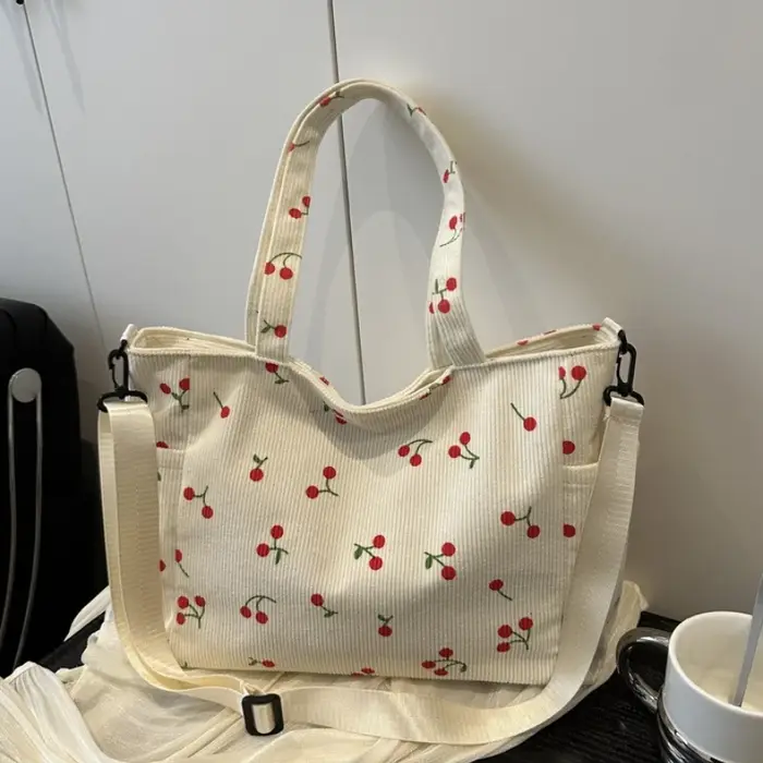 Sac à bandoulière chic en velours côtelé à imprimé cerises avec sangle réglable