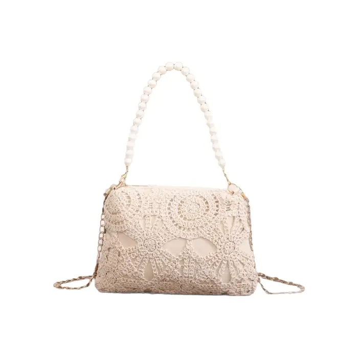 Sac à main femme style français élégant en dentelle avec chaîne de perles