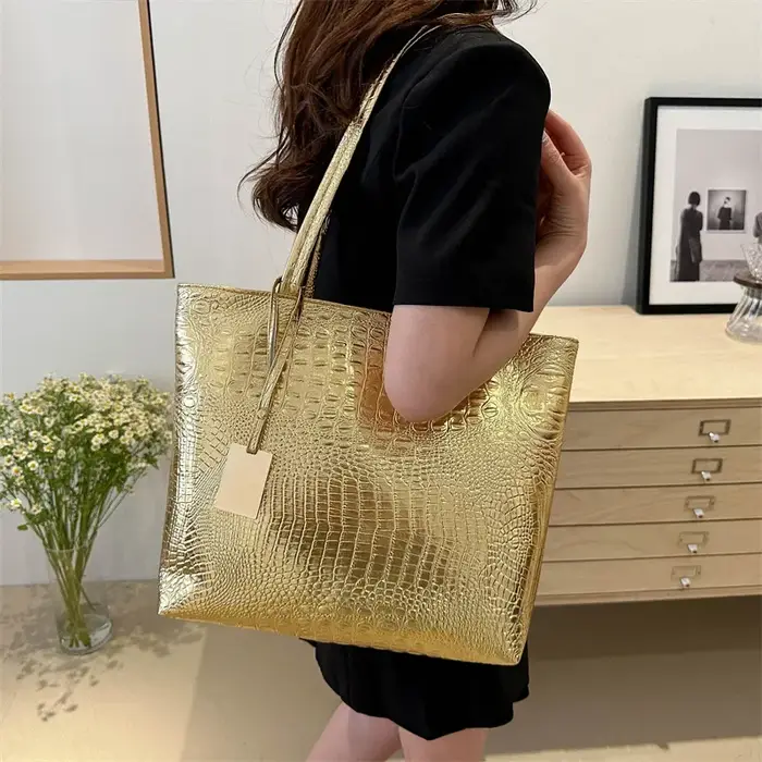 Mode décontracté femmes sacs à bandoulière argent or noir Crocodile Sac à main en cuir PU femme grand Sac fourre-tout