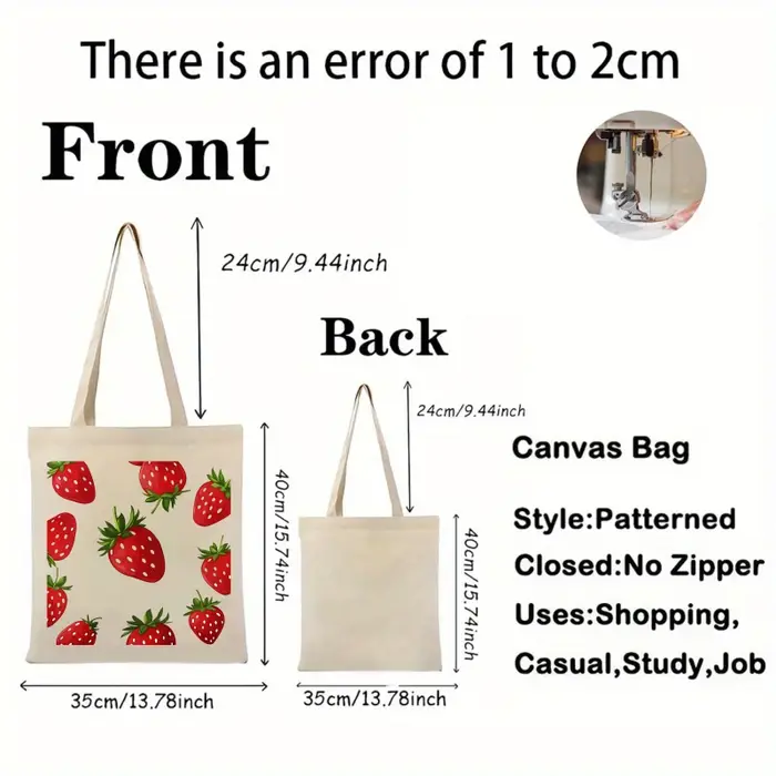 Sac fourre-tout en toile à motif de fraises avec imprimé de fruits blancs