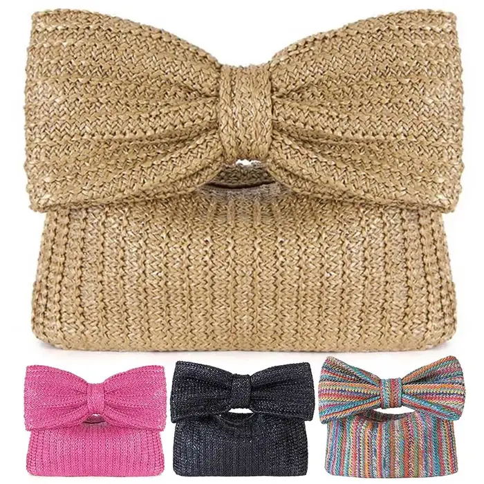 Pochette tissée en paille avec nœud pour femme