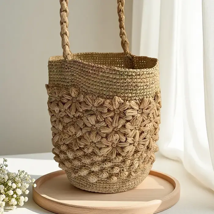 Sac à bandoulière bohème en raphia tressé à motif floral ajouré, sac fourre-tout pour vacances d'été
