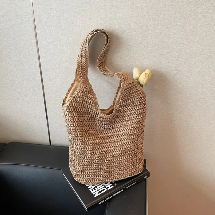 Nouveau Sac à Bandoulière Grande Capacité en Paille Tressée Style Vacances Printemps-Été 2026, Sac d