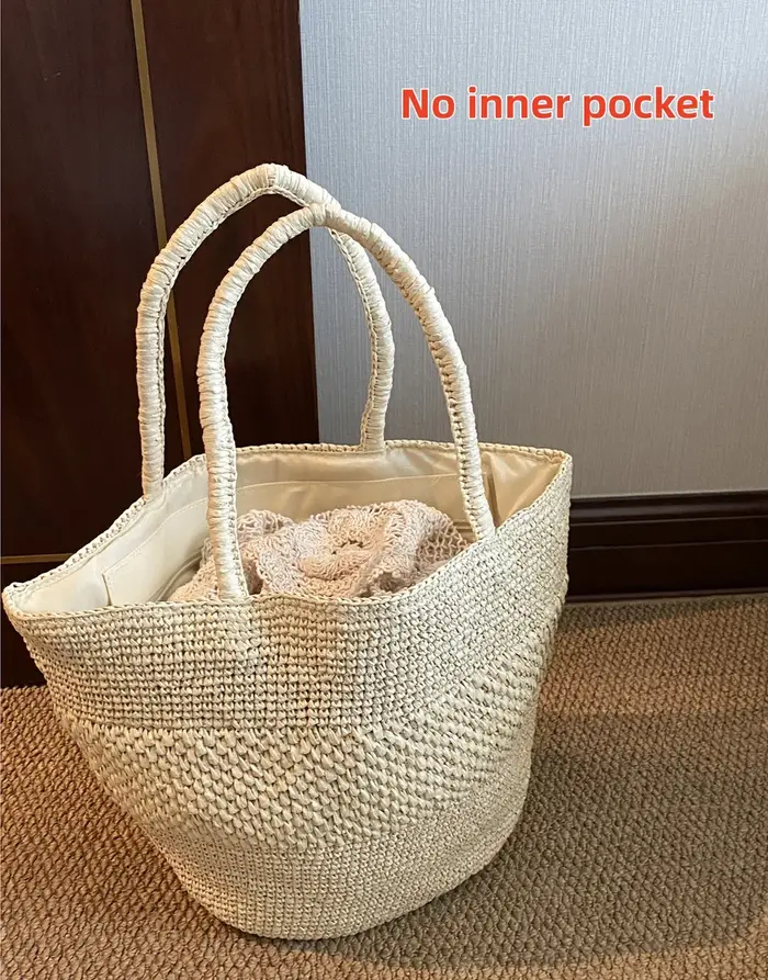 Sac fourre-tout en paille de raphia grande capacité pour femme, sac de plage d'été minimaliste en cr