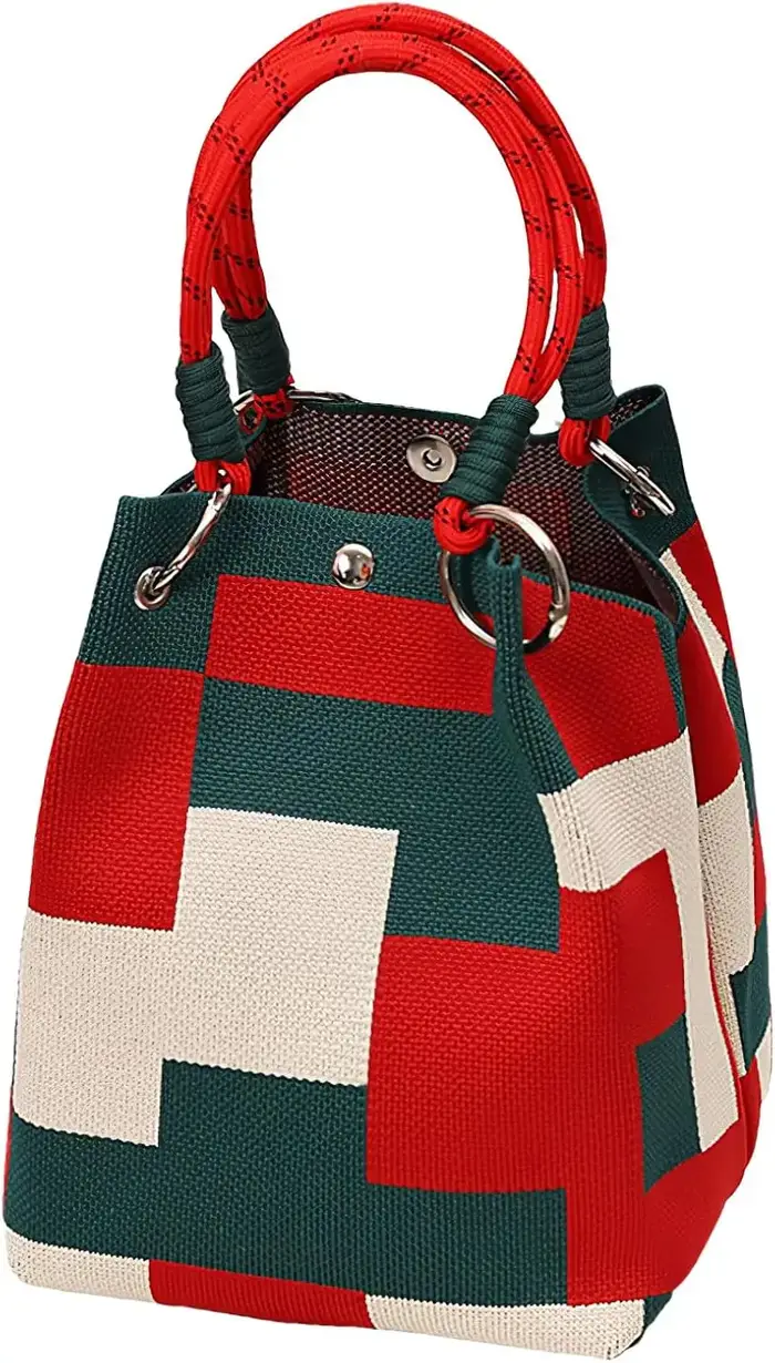Mini sac seau tricoté pour femme, petit sac à main géométrique colorblock avec dragonne et poignée a