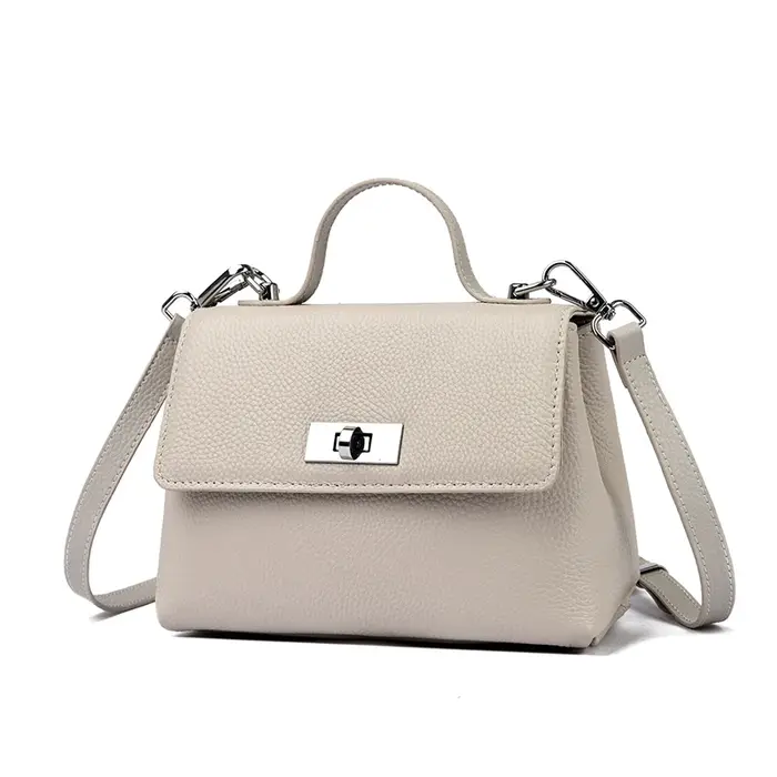Sac bandoulière en cuir véritable à motif litchi avec boucle métallique